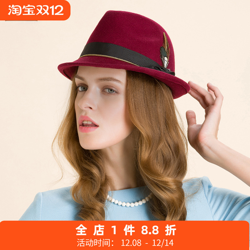 EE新款毛呢帽子女秋冬韩版青年时尚羊毛小礼帽红色呢子帽5081