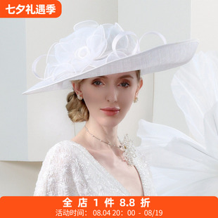 EE 新款欧美时尚优雅大檐帽白色花朵优雅亚麻遮阳帽子赛马会礼帽