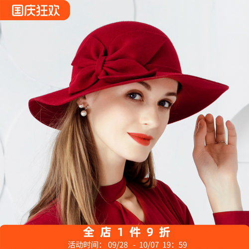 大檐欧美休闲风百搭红色毛呢帽
