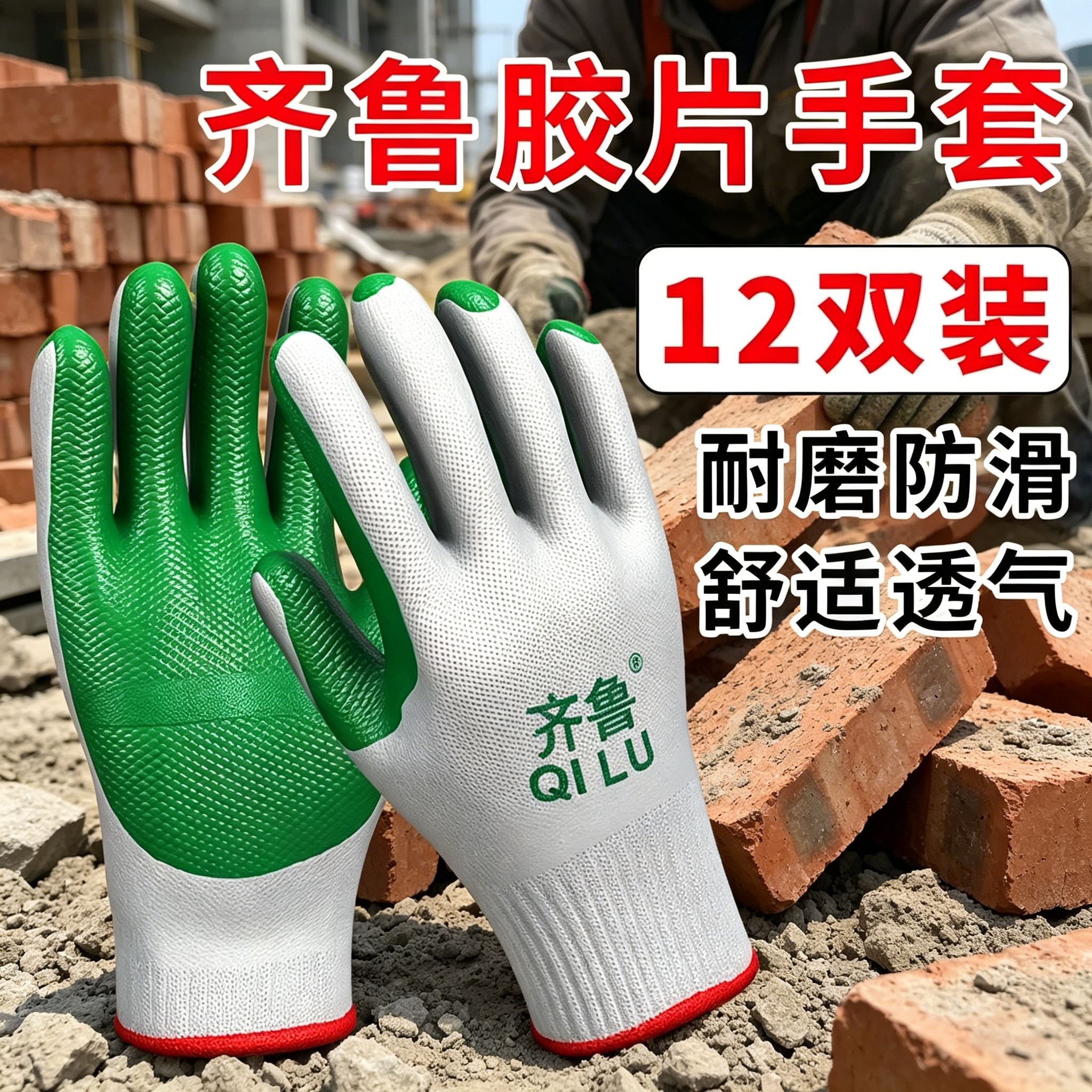 正品齐鲁胶片手套劳保耐磨工作防割防刺工地干活钢筋砖厂防滑加厚