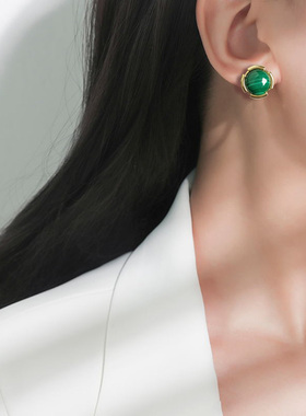 气质款 天然孔雀石耳钉925纯银耳环翠绿翡翠色 18K金色女款防过敏