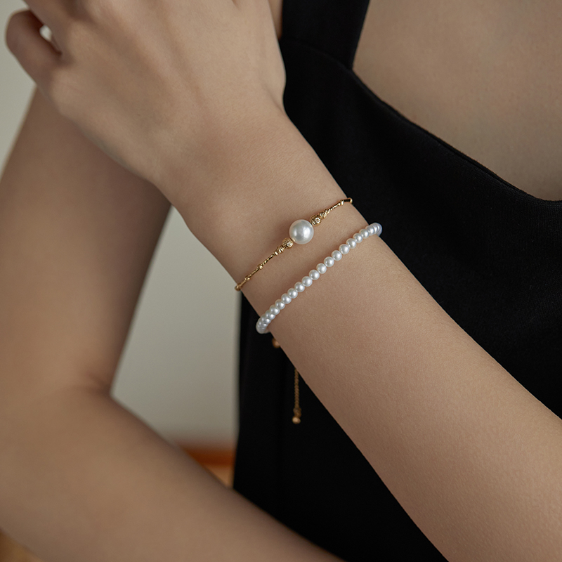 akoya天然海水珍珠手链强光18k金双层珍珠手饰时尚送女友老婆礼物