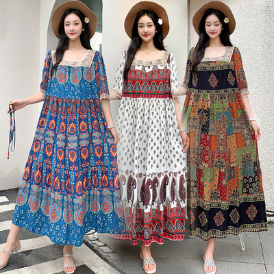 跨境胖MM大码女装孕妇裙波西米亚沙滩长裙棉绸大摆裙碎花连衣裙