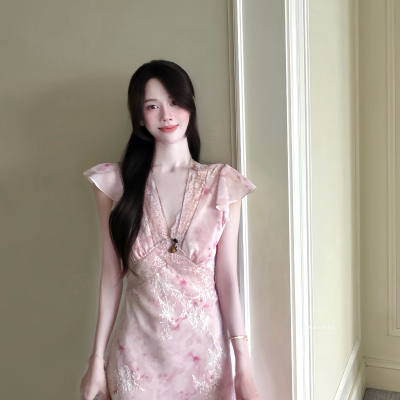 正品 DARA ROSE 夏季温柔蕾丝V领荷叶边飞飞袖长款连衣裙S9600