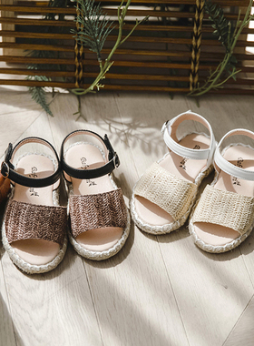 NJ童品 韩国bz 复古米色亚麻鱼口魔术贴渔夫儿童凉鞋 夏季 BB301