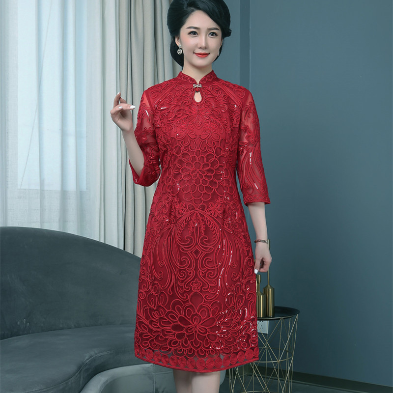 中年喜婆婆酒红色旗袍裙婚礼妈妈装礼服婚宴装岳母高贵大气连衣裙