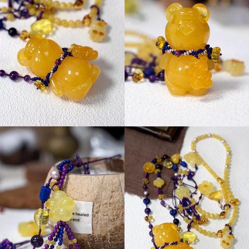 原创小熊斜挎手机链青金石爱心