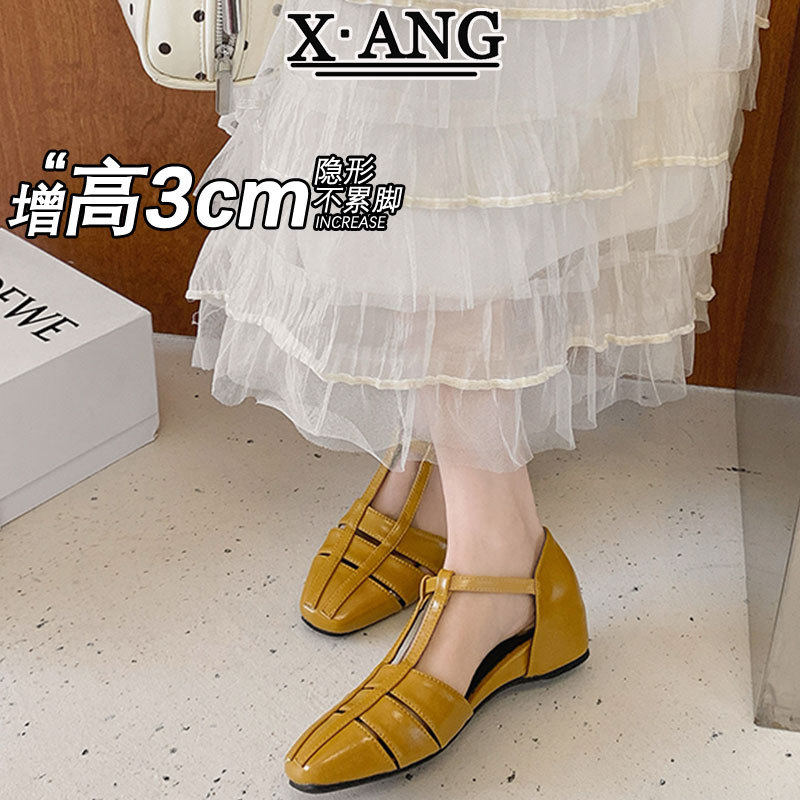 牛皮版法式风罗马凉鞋女款夏季外穿配裙子镂空透气内增高包头凉鞋