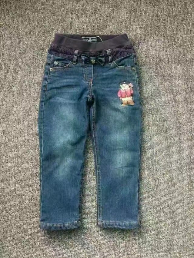 小熊新款女童装夹棉双层纯棉微弹力刺绣松紧带牛仔裤薄棉裤秋冬柔