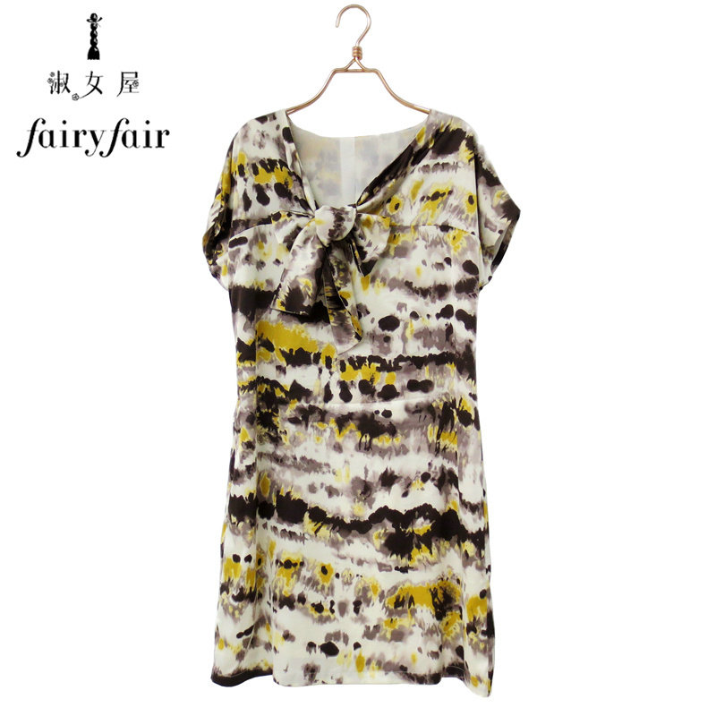 新上夏款 FAIRYFAIR正品系不对称蝴蝶结米底黄黑花短袖雪纺连衣裙