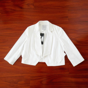 正品FAIRYFAIR米白色女式西装六分袖棉氨短款纯色无扣通勤小外套