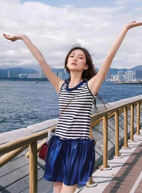 夏款  FAIRYFAIR 专柜正品 米蓝条无袖甜美连衣裙背心裙 特价