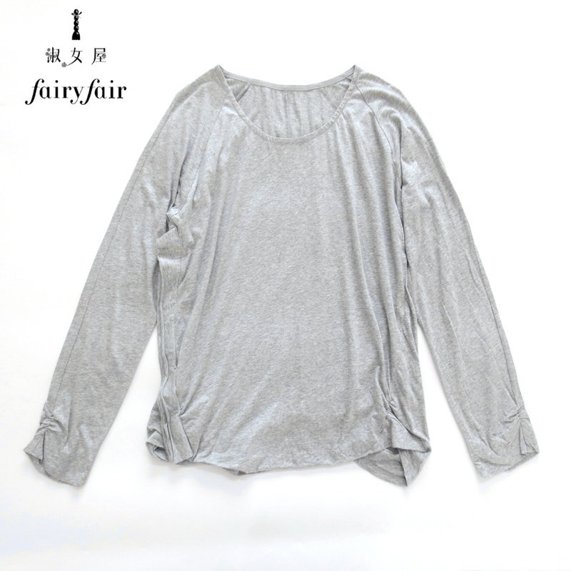 春秋季特价FAIRYFAIR正品灰圆领纯棉不对称褶皱宽松外穿长袖T恤女