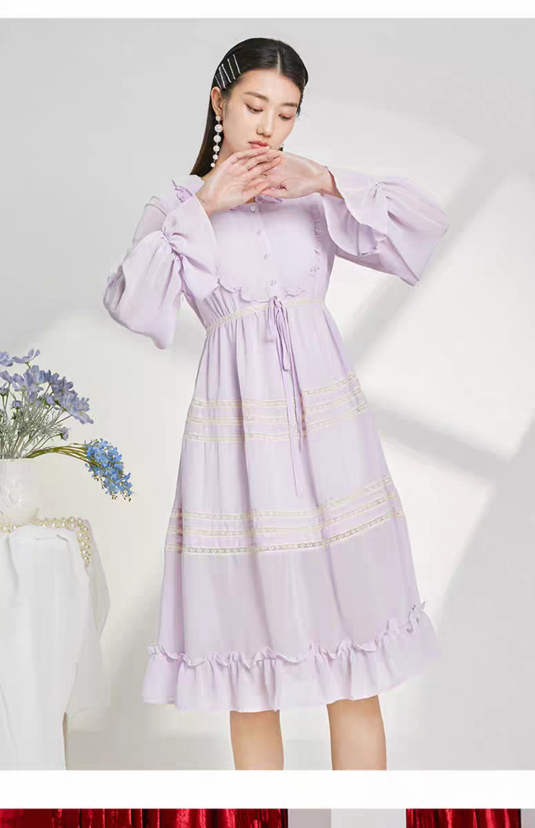 淑女屋自然元素正品春季新款裙子法式复古收腰显瘦连衣裙女中长款