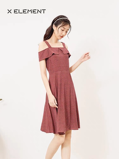 自然元素专柜正品夏新款设计感露肩收腰显瘦气质a字中长款连衣裙