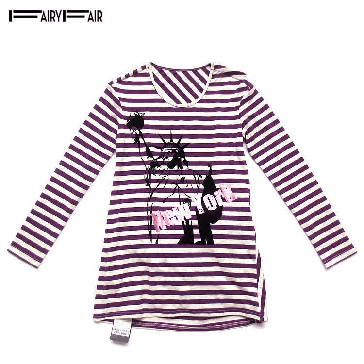 专柜正品条纹长袖圆领中长T恤衫