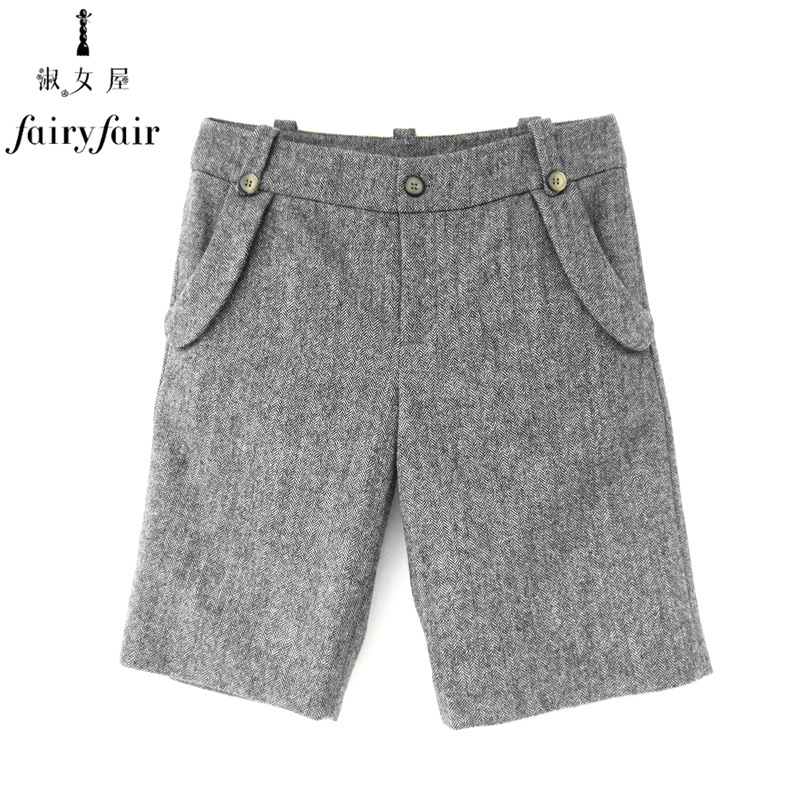 新上秋款FAIRYFAIR正品经典款呢料中裤黑灰人字纹口袋直筒靴裤女