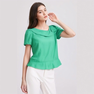 夏季FAIRYFAIR专柜正品浅绿不对称荷叶边结构主义短袖衬衫女上衣