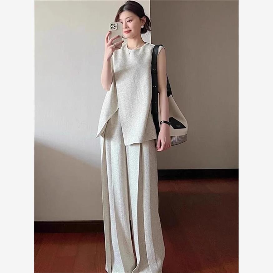 大码胖mm高级感时尚套装女夏2-300斤不规则无袖背心+阔腿裤两件套