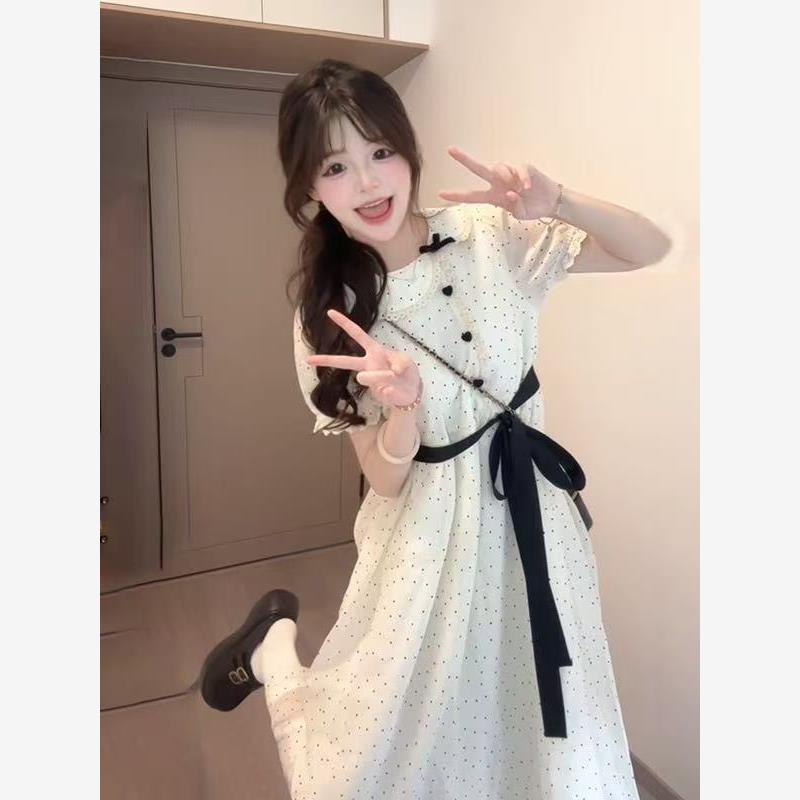 法式复古甜美夏季娃娃新款连衣裙时尚可爱收腰波点显瘦少女小个子