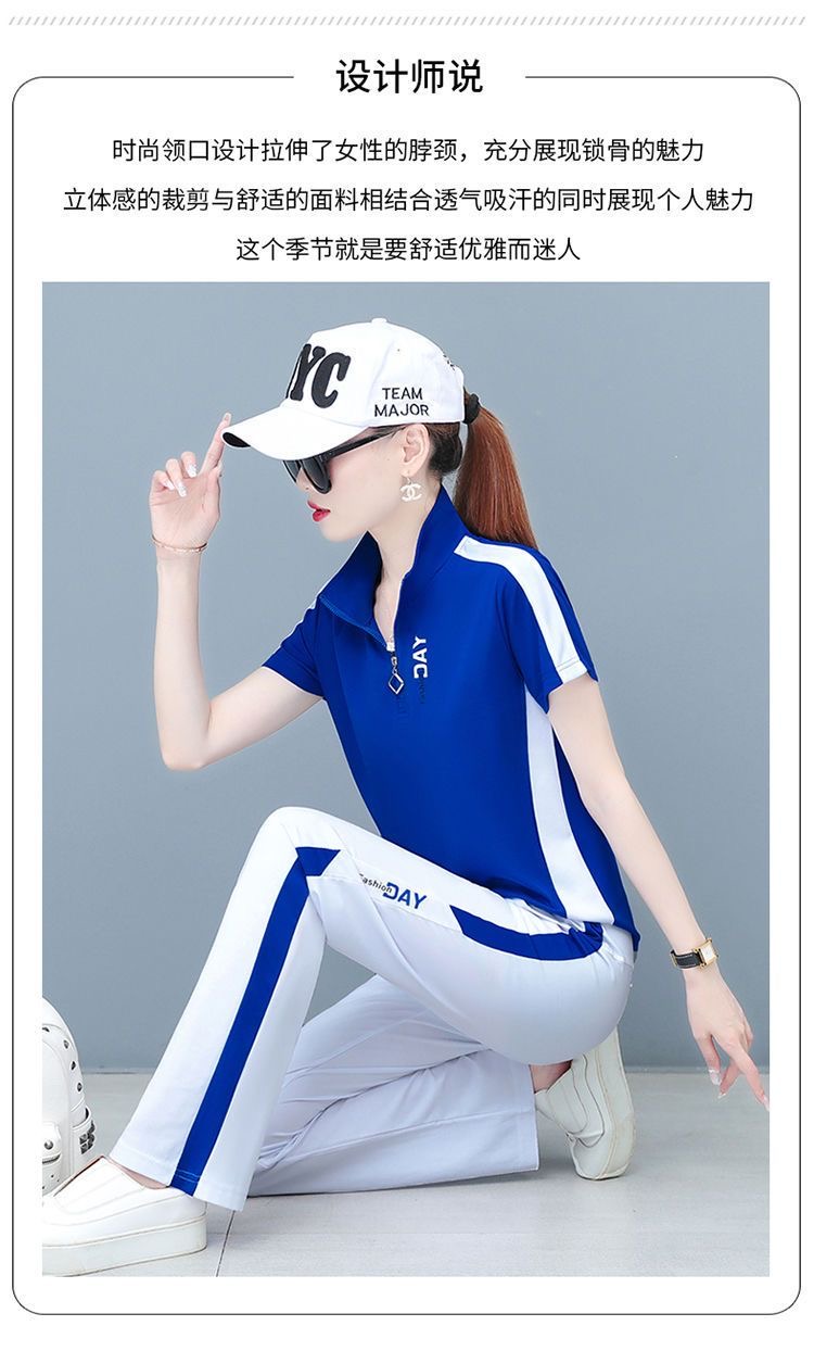 打高尔夫球服装女夏套装韩版显瘦短袖立领长裤两件套运动休闲服饰