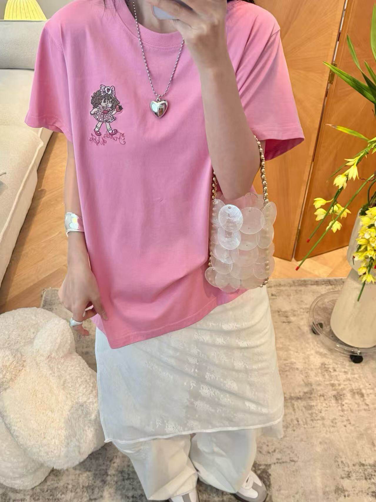 Pandawarks熊猫纸袋26245草莓女孩刺绣纯棉圆领短袖T恤宽松显瘦夏