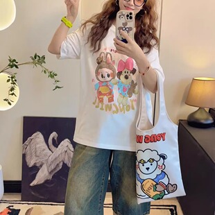 Yongwill小羊纸袋3831牵手布布纯棉印花宽松加厚短袖 T恤卡通显瘦