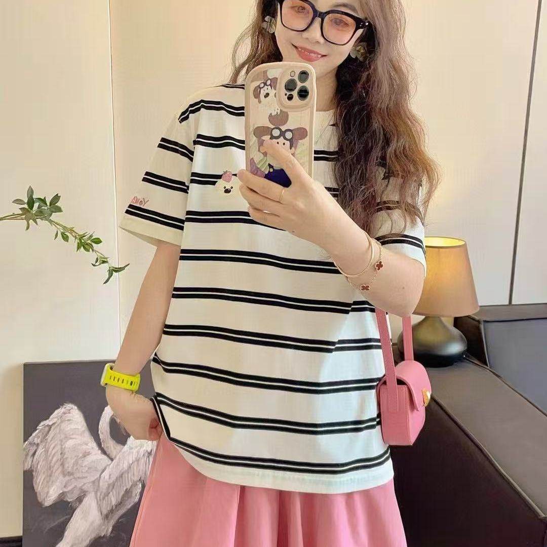 Yong will小羊纸袋3792水果狗条纹纯棉刺绣短袖T恤韩版减龄简约夏