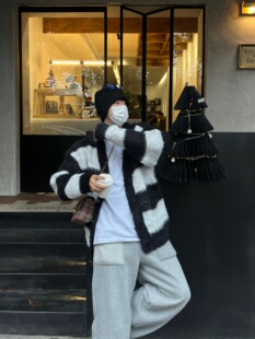 秋冬重磅毛绒条纹毛衣开衫/Temporary Exile临时流放针织宽松外套