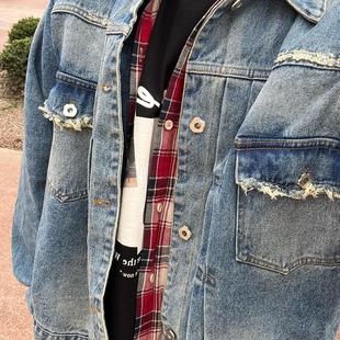 临时流放早春街头风全棉牛仔外套浅蓝色水洗单宁夹克上衣