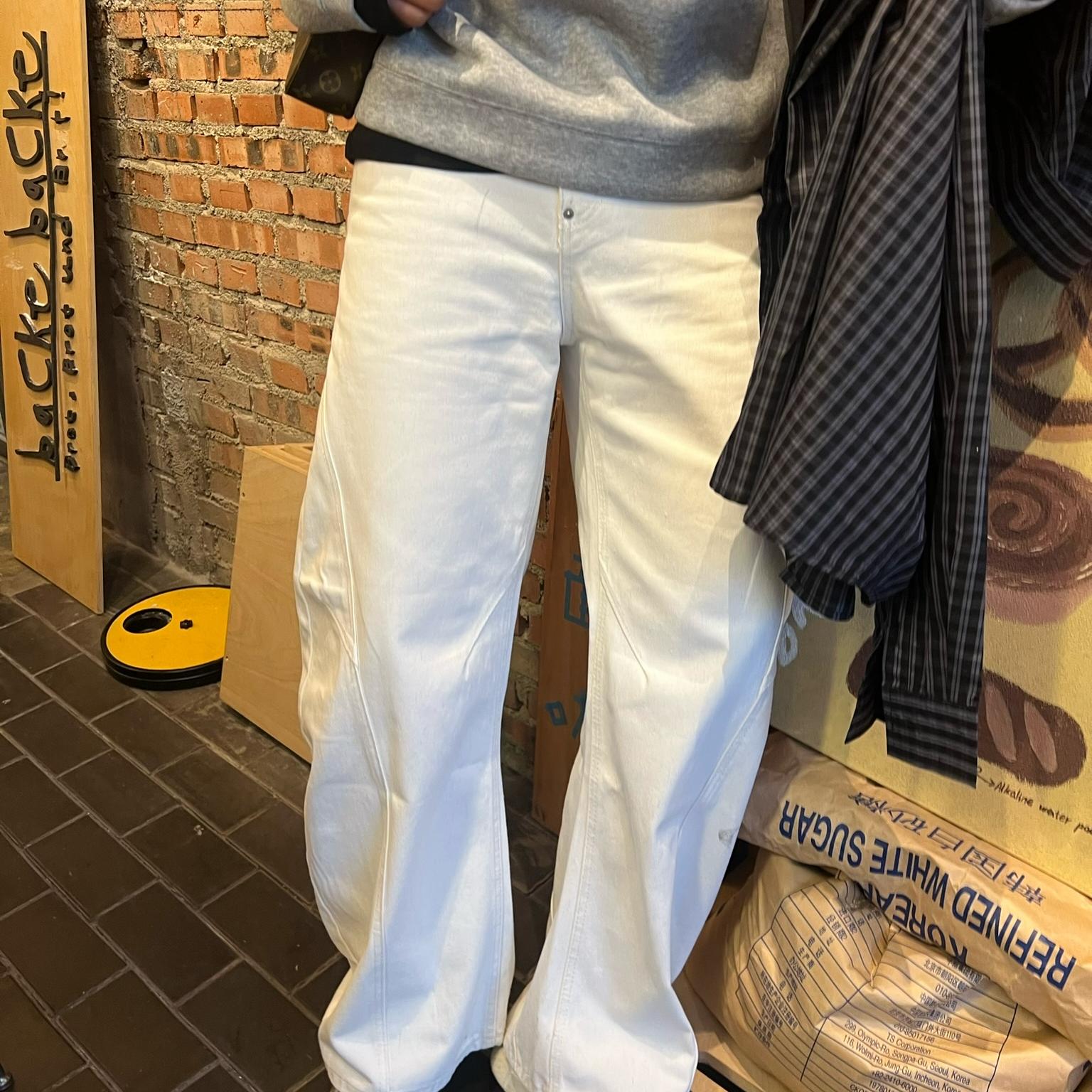 临时流放白色牛仔裤男款春季痞帅香蕉裤加长款微喇长裤