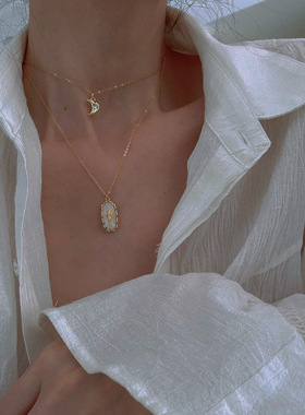 极简小月亮镶钻宝石吊坠叠戴项链