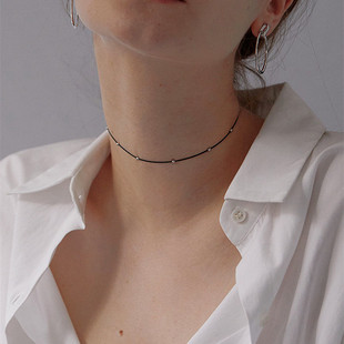 极简冷淡风纯银小亮珠超细黑项链小众独特chocker颈链不掉色