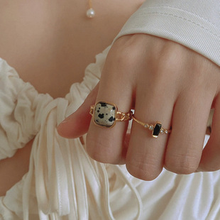 保色 纤细闪叠戴可调节黑钻横钻戒指 南法复古天然原石开口食指戒