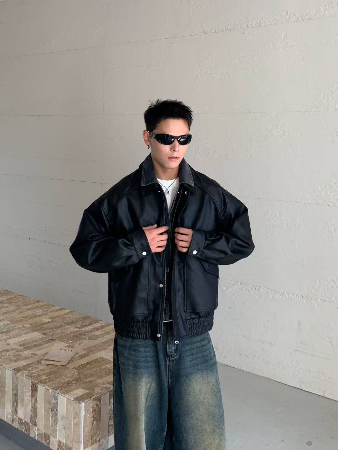 秋冬美式复古假两件设计翻领pu皮衣潮流机车百搭飞行服夹克外套