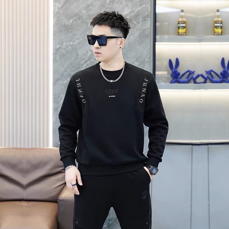 男士打底衫2025秋冬新款时尚潮流拼接字母帅气休闲圆领加绒卫衣潮