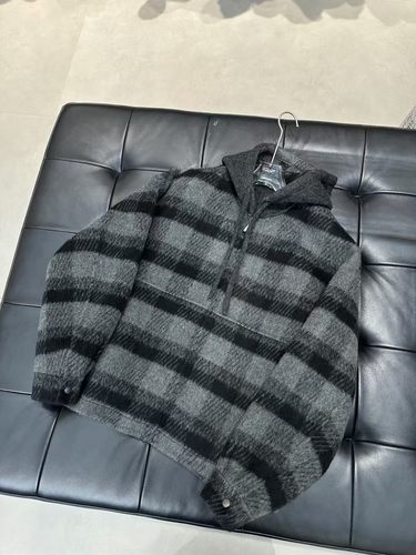 2025冬季新款男士连帽双面绵羊毛短款条纹格子夹克外套休闲潮男衣