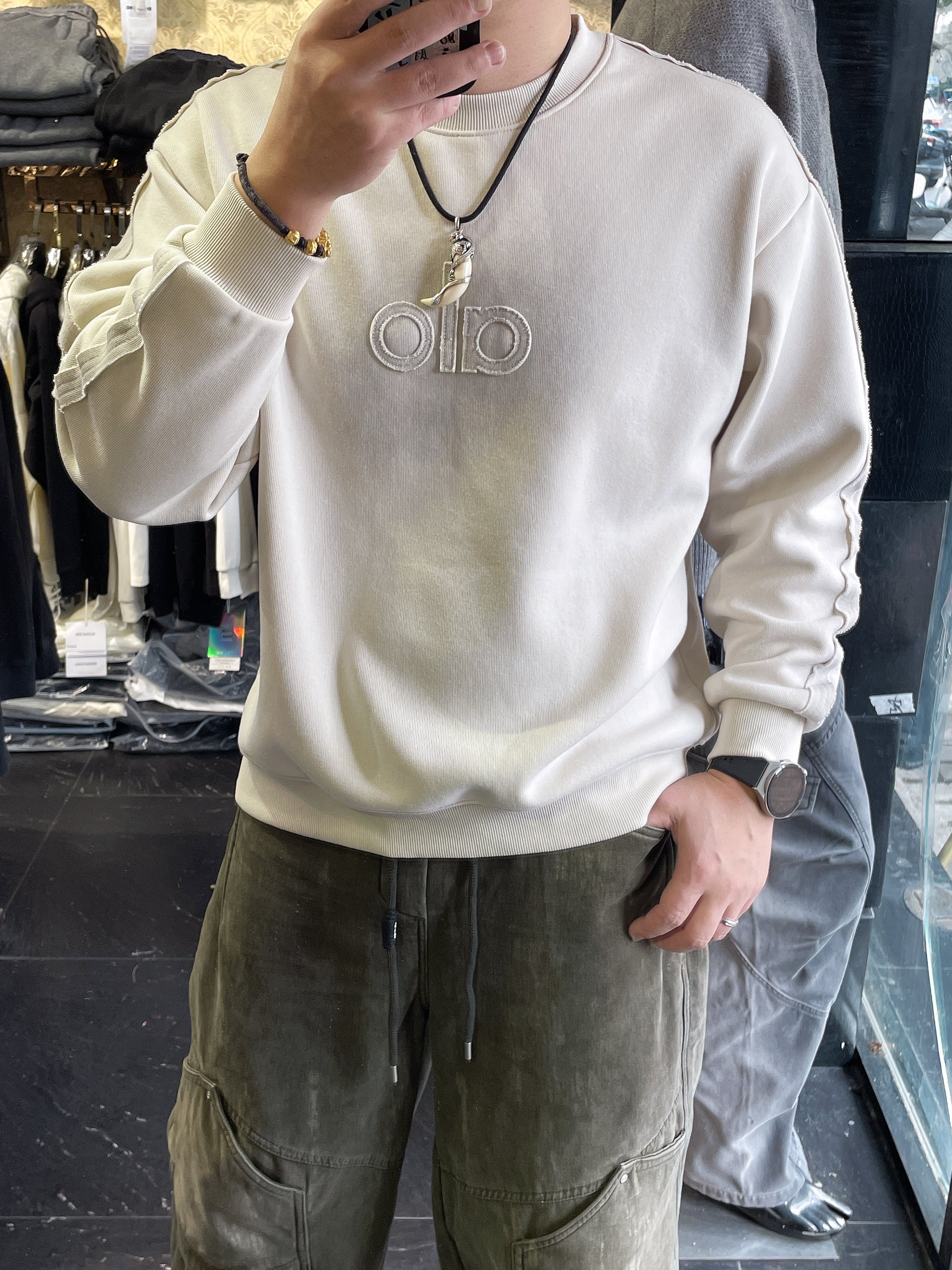 2025冬季新潮流加绒水洗拼接美式宽松休闲男圆领套头卫衣T恤上衣