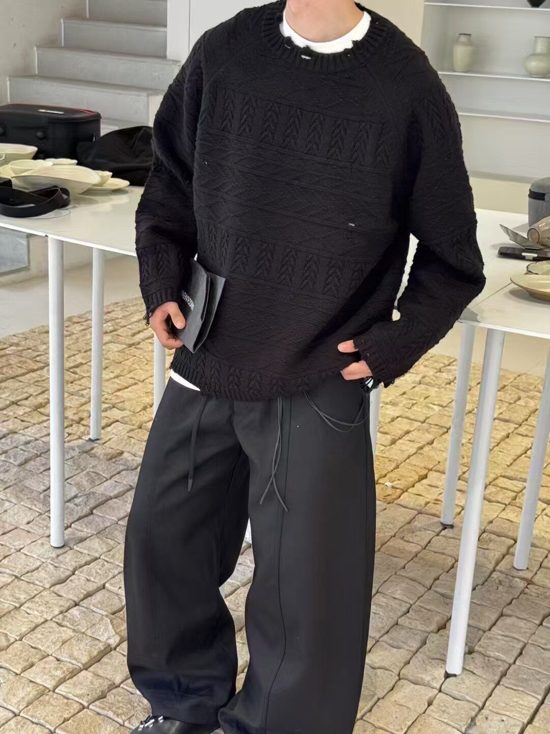 秋冬新款日系复古提花破洞长袖针织衫男宽松慵懒松弛感打底毛衣潮