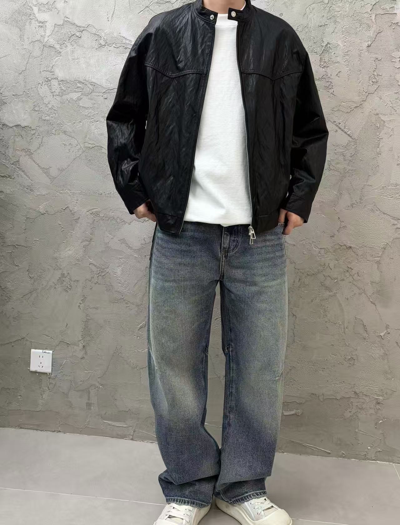 老钱痞帅机车风皮衣男士2026秋季新款褶皱复古小立领休闲短款外套