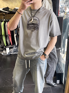 2025夏新款美式潮牌高克重磨边短袖T恤男宽松重磅无性别圆领半袖T