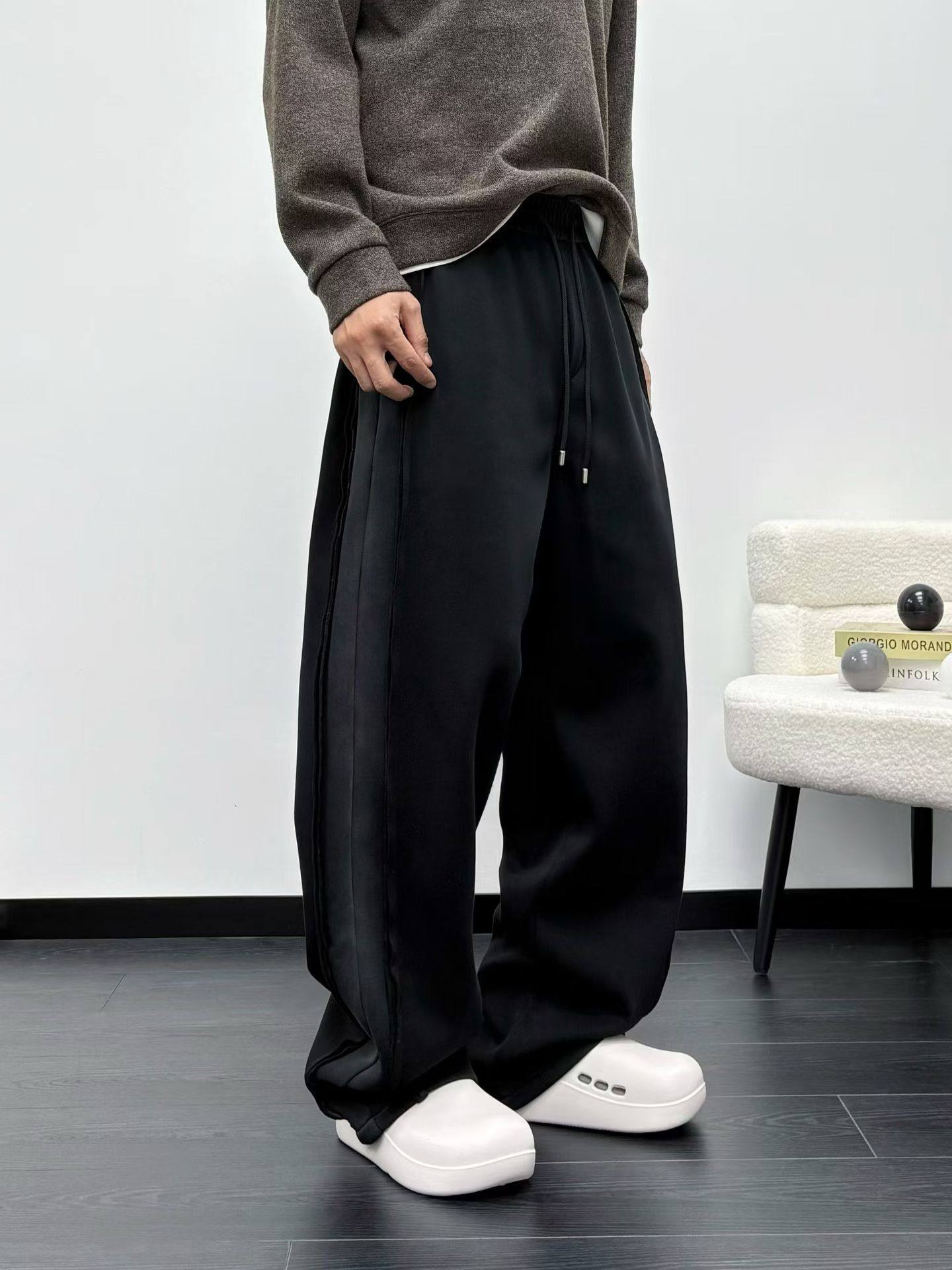 设计感侧边不规则解构加绒卫裤男2025新款秋冬直筒裤阔腿运动裤潮