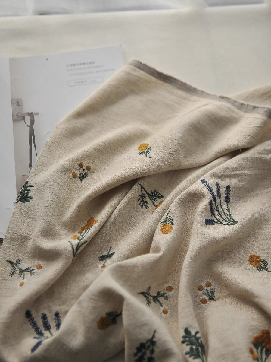 春季日系复古棉麻花朵刺绣布料连衣裙做衣服面料DIY布艺手工