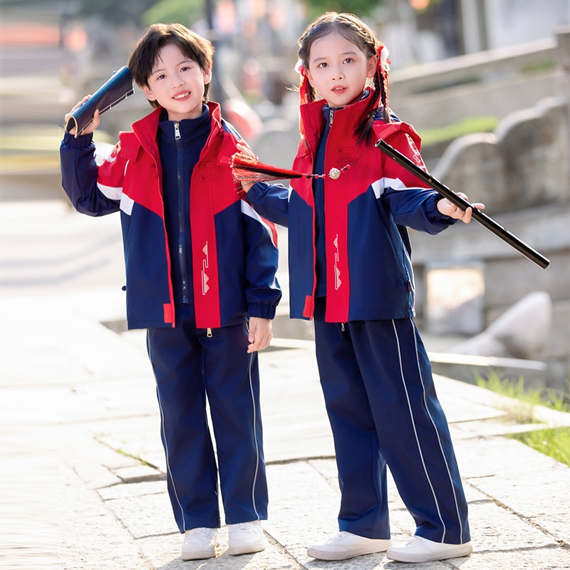 小学生红色冲锋衣套装校服男女童拼色防水保暖班服幼儿园统一园服