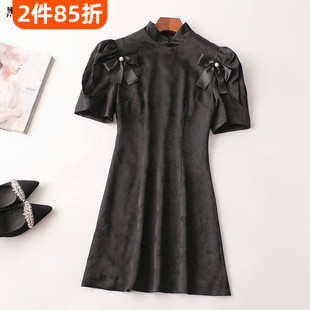 243579品质贼好南油原创更高货轻奢高级人丝秋长款立领短袖连衣裙