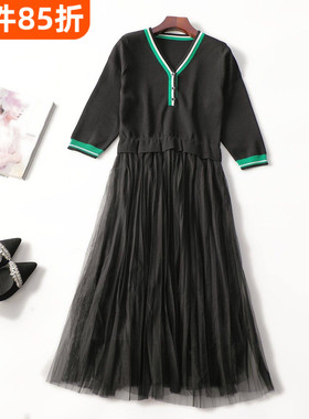 247101 秋加长款套头七分袖连衣裙