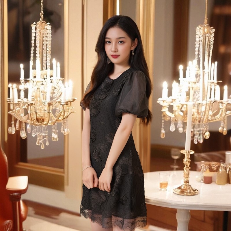 410937南油高端欧洲站高货女装洋气重工泡泡袖圆领短袖连衣裙