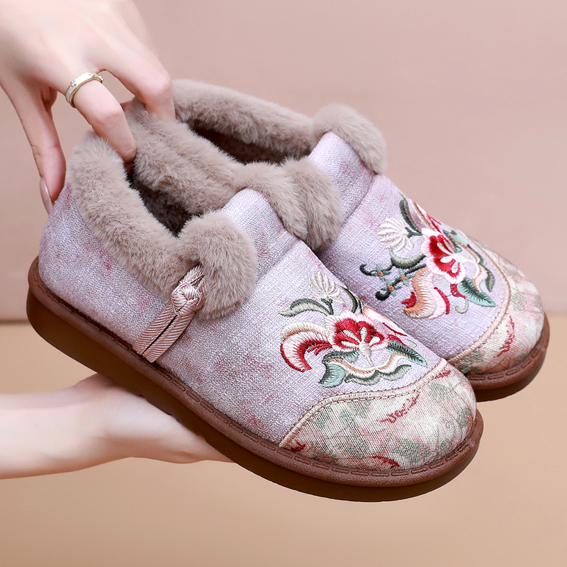 刺绣加绒加厚舒适绣花妈妈棉鞋