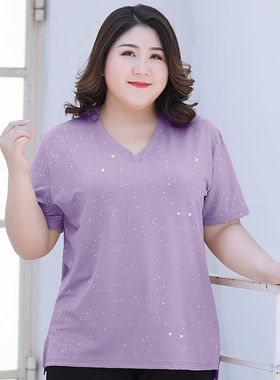 加肥加大2023夏季白色半袖体恤纯色V领宽松短袖T恤女黑色正肩上衣
