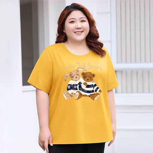 大码女装夏季新款短袖字母印花百搭加肥加大T恤胖mm宽松妈妈上衣